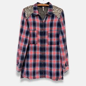 Free People Sequin Plaid Flannel Shirt Red Navy XS‎ Boho